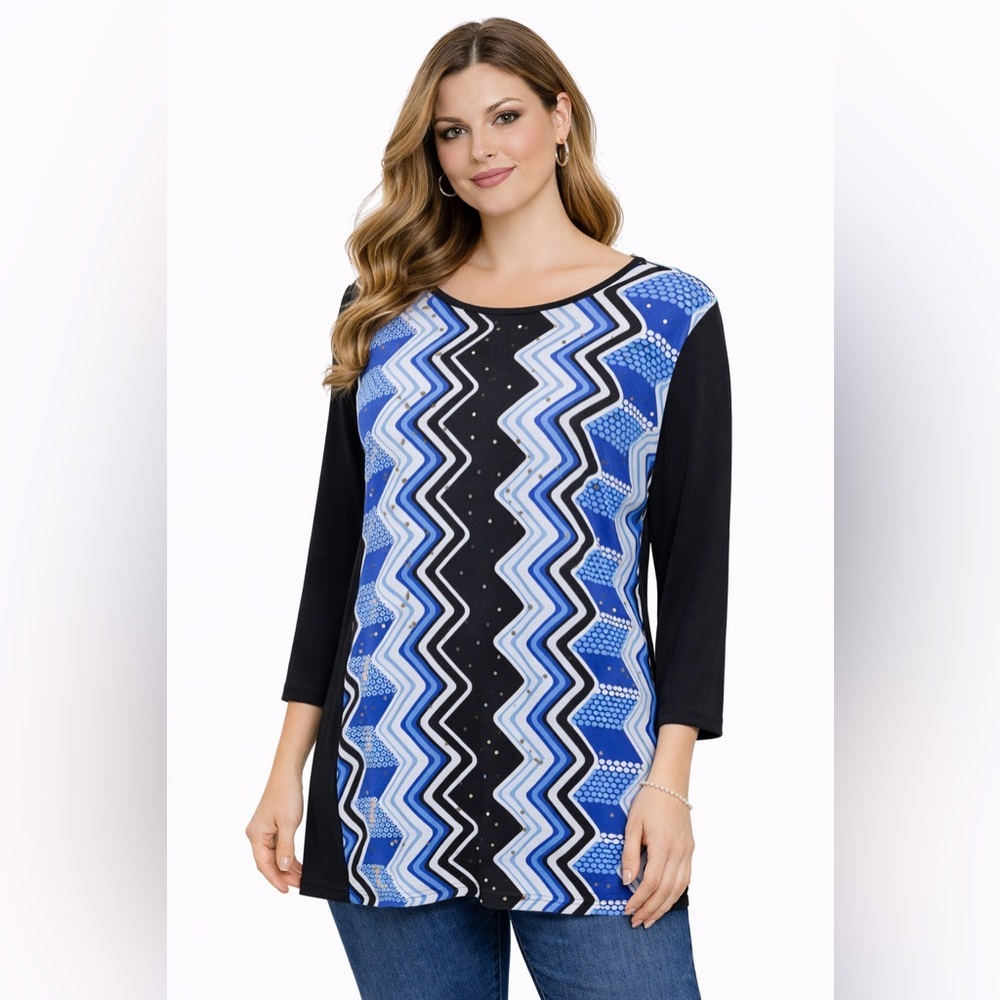 Alfred Dunner Women's Top 3/4 Sleeve‎ Blue Black Geometric Print Stretch Size M